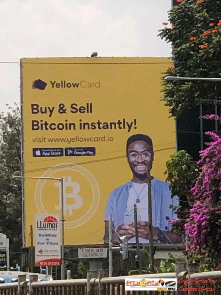 Cryptocurrency start-ups advertise on billboards in Nairobi, Kenya.